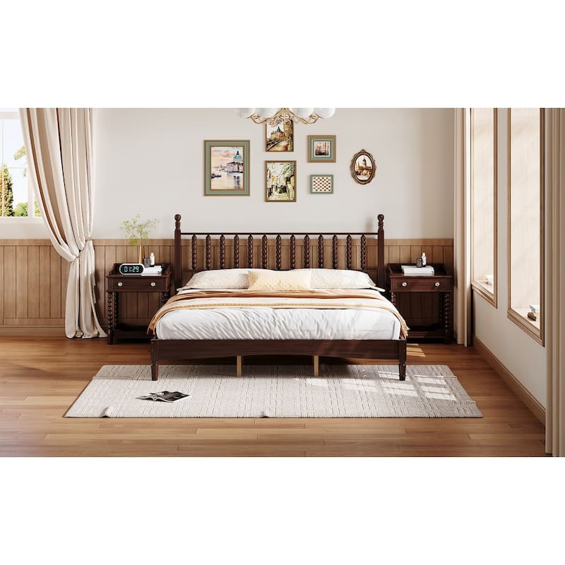 King Size Wood Platform Bed with Gourd Shaped Headboard,Retro Style Platform Bed with Wooden Slat Support,Walnut