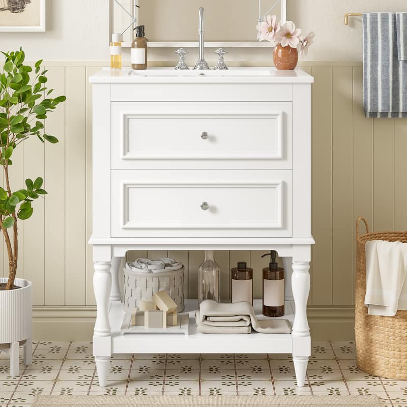 Retro Small Bathroom Vanity with Open Shelf, Ceramic Sink Cabinet - White - 24 Inch