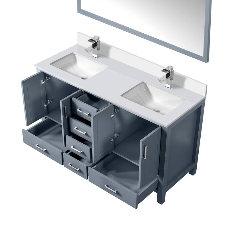 Jacques White Bath Vanity, Cultured Marble Top, Faucet Set and Mirror