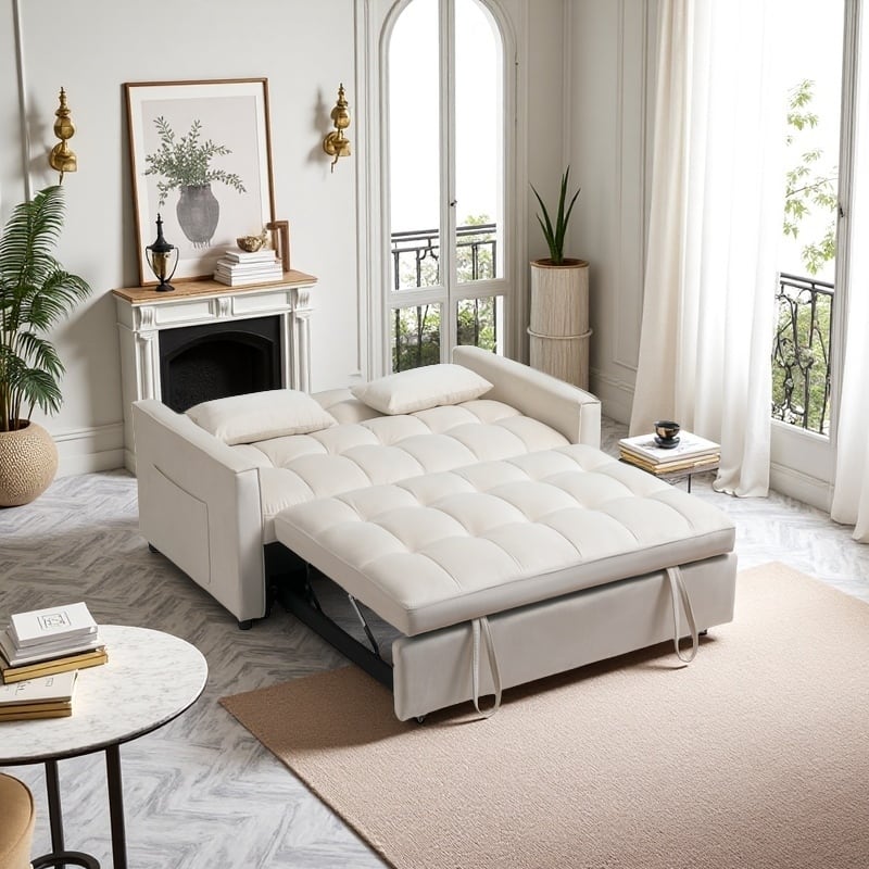 3 in 1 Convertible Sleeper Sofa Bed 2 Seater Velvet Upholstered Sofa Bed with Adjustable Backrest, Futon Couches with 2 Pillows