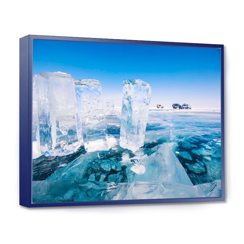Designart "Blue Ice and Off road Cars" Landscape Artwork Print on Framed Canvas - 20 in. wide x 12 in. high - Blue