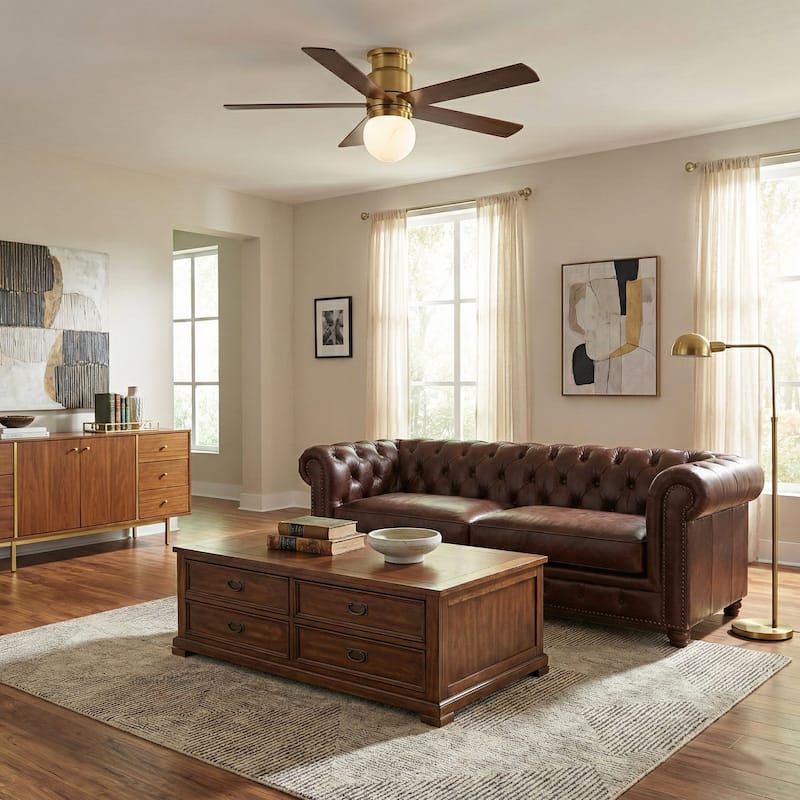 52" Modern Plating Gold Globe Glass Flush Mount Ceiling Fan with Light and Remote