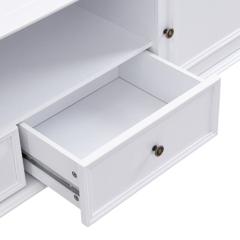 70.9"TV Stand for TVs up to 80 Inches, Entertainment Center with Open Compartment, 2 Drawers, 2 Cabinets and 5 Solid Legs