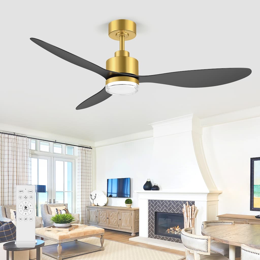 52" Black/Gold Ceiling Fan with Double-Layer Acrylic LED Light, Remote DC Motor, 3 ABS Blades