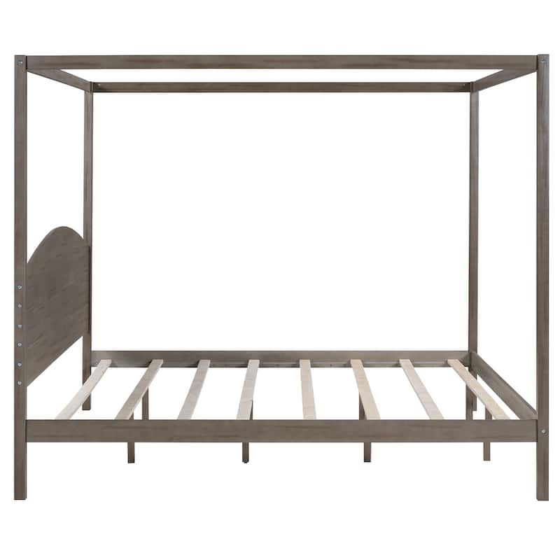 Four Poster Canopy Bed with Built-in Headboard and Support Legs King Size Bed Frame with Wooden Slat Support for Bedroom