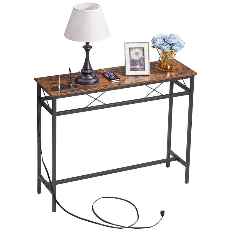 VECELO Industrial Rectangular Wood Console Table with AC Power and USB Charging Ports