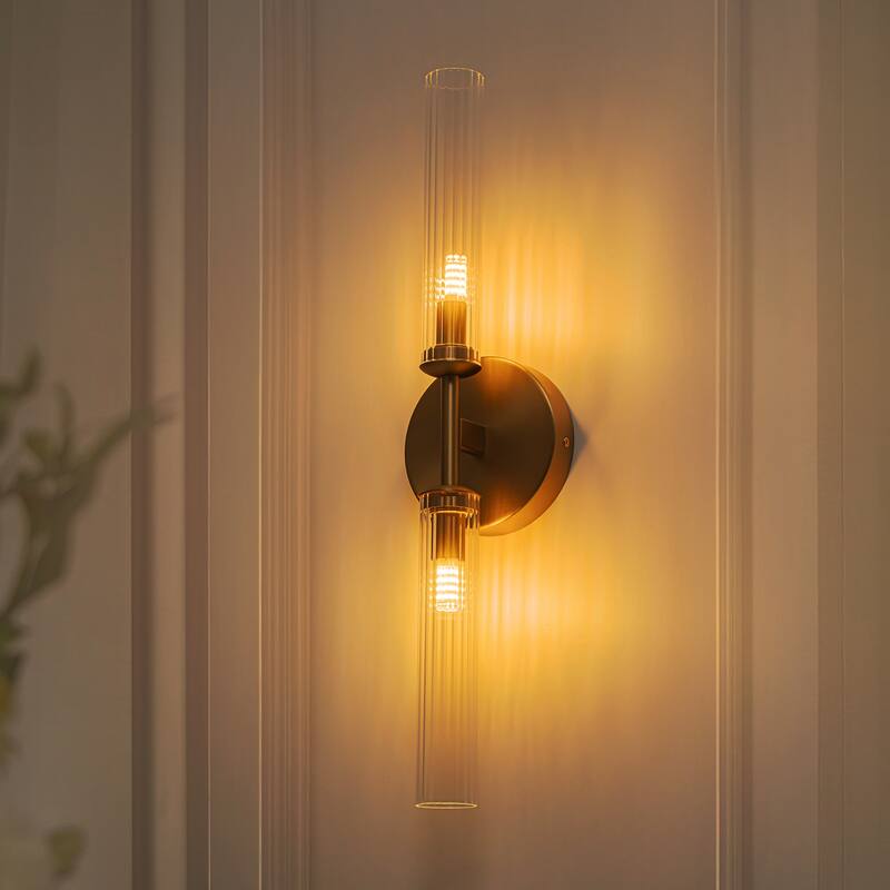 2-Light Mid-Century Modern Brushed Gold/Matte Black Finish Linear Vanity Light with Clear Striped Glass for Bathroom