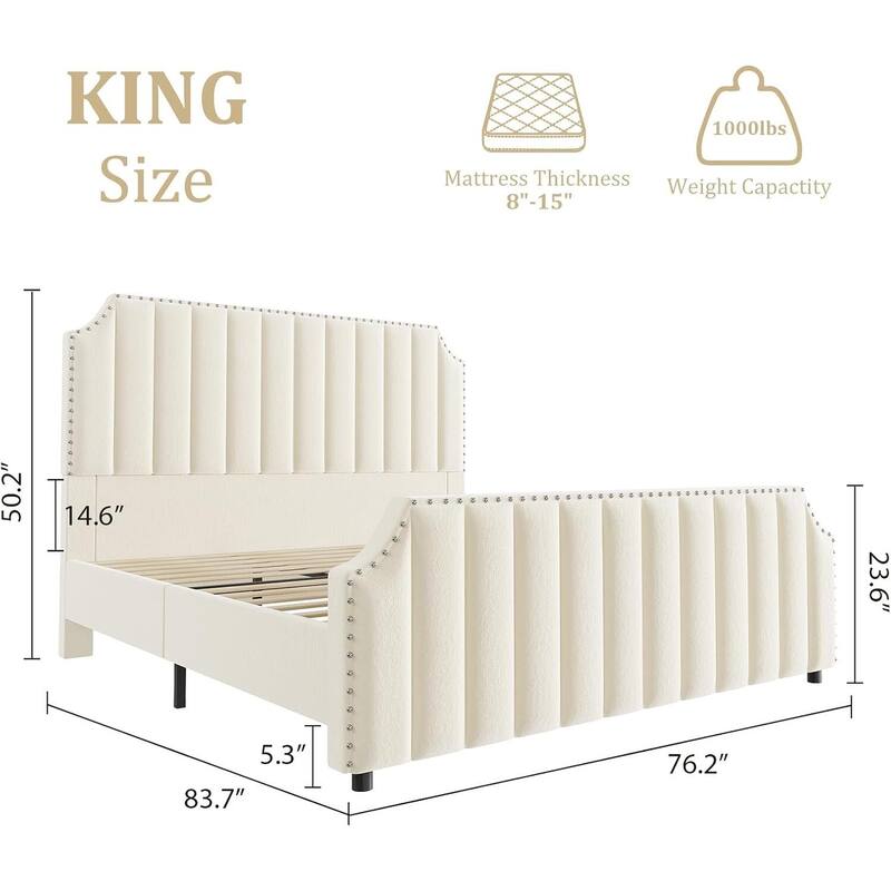 Queen/ King Size Velvet Bed Frame, 50.2" Tall Headboard & Footboard, Upholstered Platform Bed Frame No Box Spring Needed