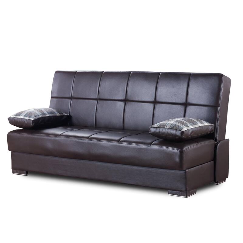 HomeRoots 75" Brown Faux Leather Convertible Futon Sleeper Sofa And Toss Pillows With Storage