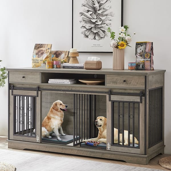 47" Dog Crate Furniture , Wooden Dog Kennel Indoor TV Stand With 2 Drawers And 4 Shelves Decorative Dog Cage With Storage For Dogs