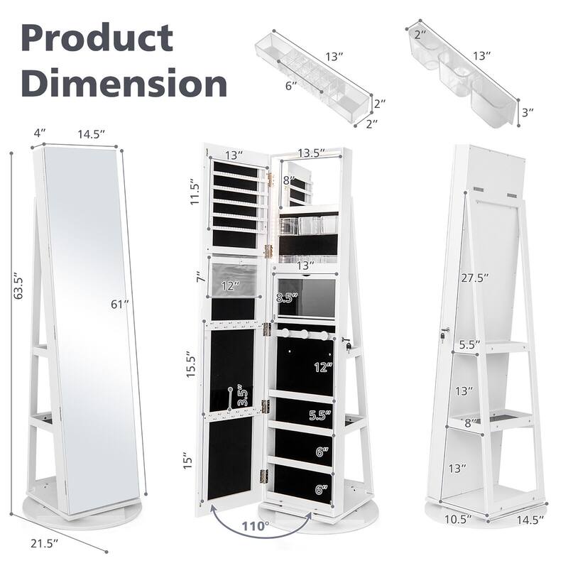 Gymax Rotating Mirrored Jewelry Cabinet with Mirror Storage Shelves