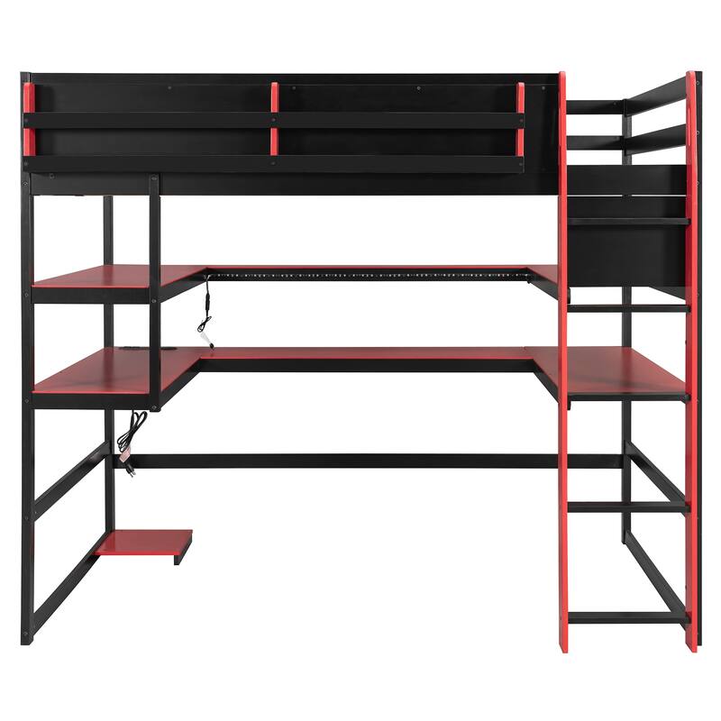Loft Bed with Wraparound Study Hub, Side Storage Rack, USB Charging & RGB Light by Harper&Bright Designs