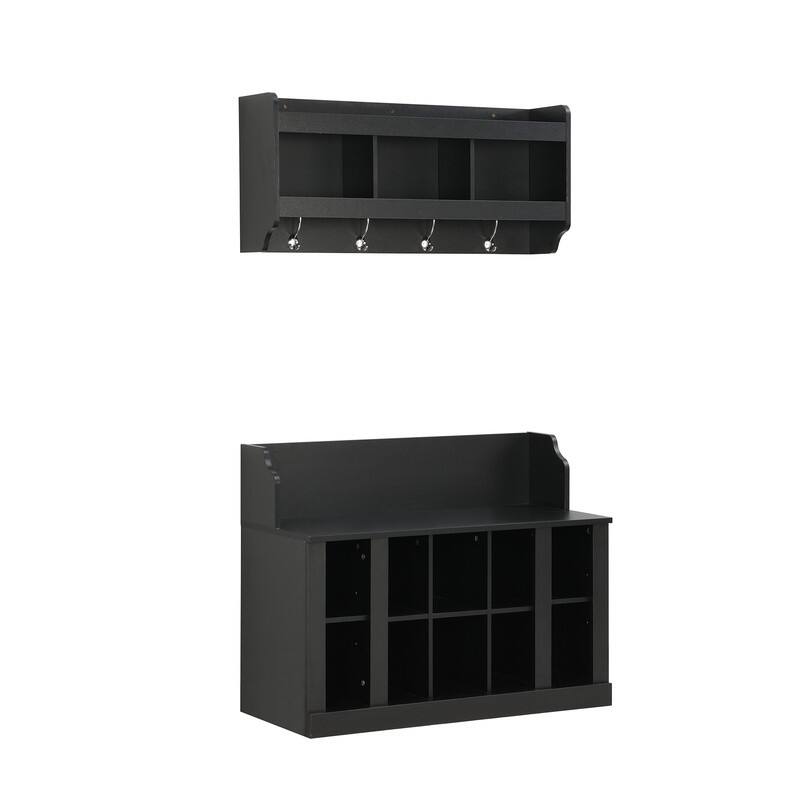 Entryway Wood Storage Bench with Shoe Storage,Wall Mounted Hall Tree with Coat Rack and Shelves