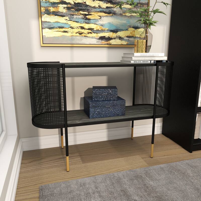 Black Metal Mesh Side Panel 1 Shelf Console Table with Open Center Storage