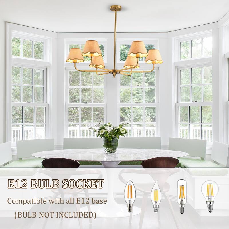 Medieval-Style Gold 6-Lamp Chandelier with Hand-Woven Rattan Lampshade, for Dining Room, Living Room, Light Bulbs Not Included