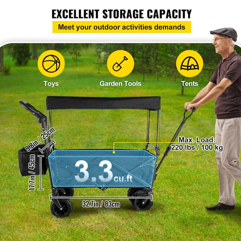 Steel 600D Oxford Folding Wagon 220lbs Cart w/ Canopy & Wheels - 39"x21.4"x39"