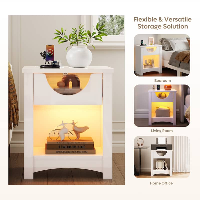 Bestier Nightstands Set of 2 with Charging Station, Modern LED End Table Bedside Table with Drawer for Bedroom & Living Room