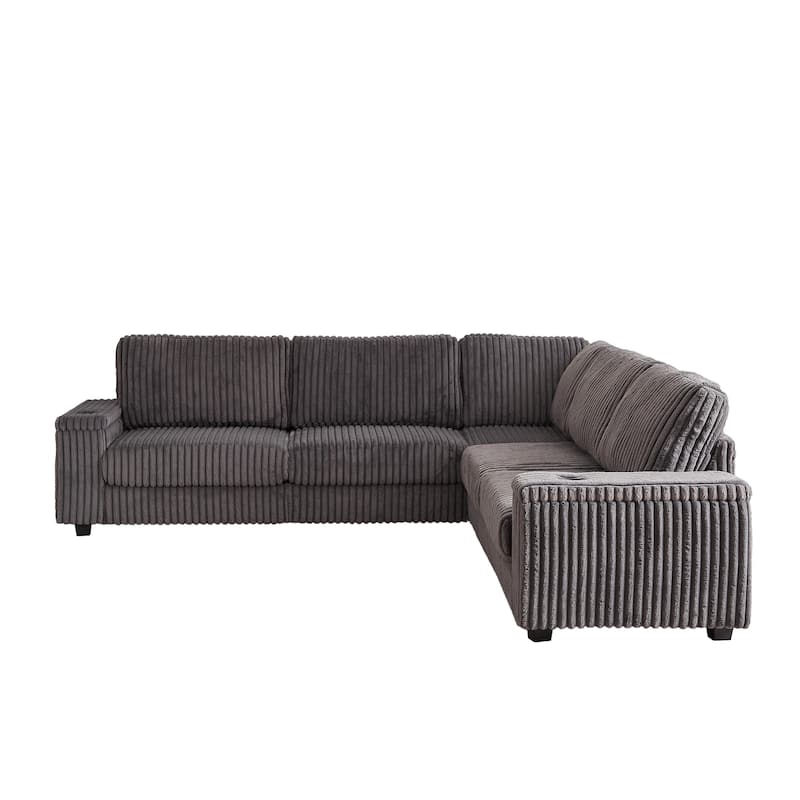 Dark Grey 110" Oversized Corduroy L-Shaped Corner Sectional Sofa with Storage Armrest, Cup Holder, USB & Type-C Ports