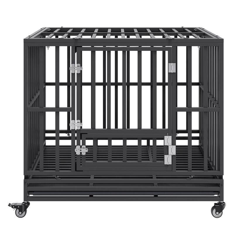 Black Indestructible Heavy Duty Carbon Steel Dog Crate with 3-Door and Lockable Swivel Wheels