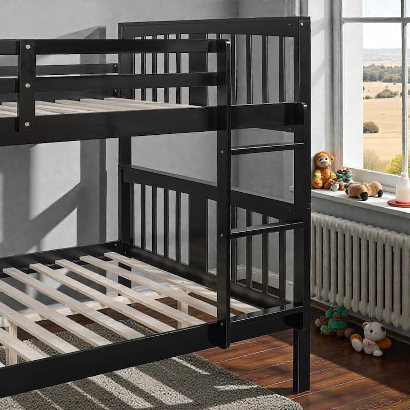 Full Over Full Bunk Bed with Ladder, Solid Wood Convertible Bunk Bed Frame for Bedroom or Guest Room