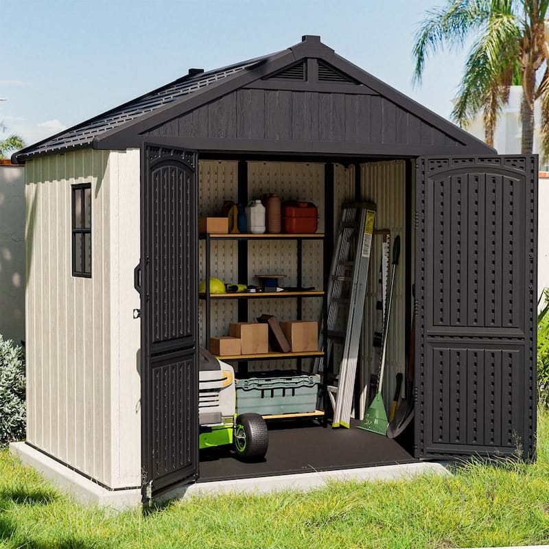 Patiowell 8' x 6' / 8' x 8' / 8' x 10 '/ 8' x 12' Plastic Outdoor Shed With Floor for Patio Furniture, Tools (Kick-It Shed)