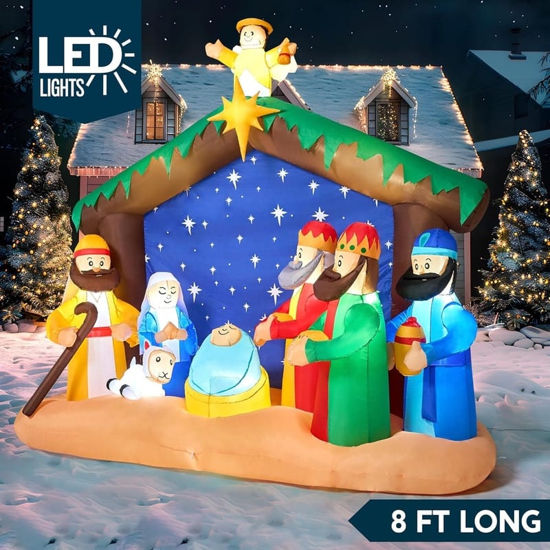 8 FT Long Christmas Inflatables Nativity Scene, Christmas Blow Up Nativity Set with Build-in LEDs - Multicolor