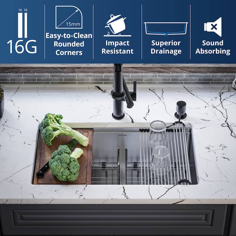 Karran 32" Undermount Double Bowl 60/40 Stainless Steel Workstation Sink