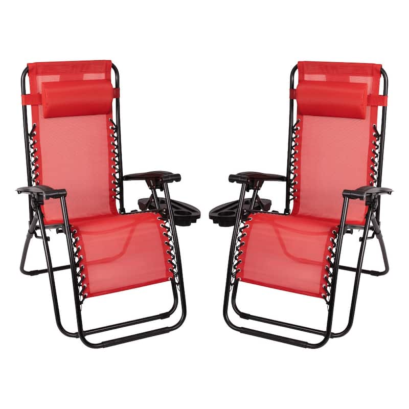2 Pack Adjustable Mesh Zero Gravity Lounge Chair with Cup Holder Tray - Red