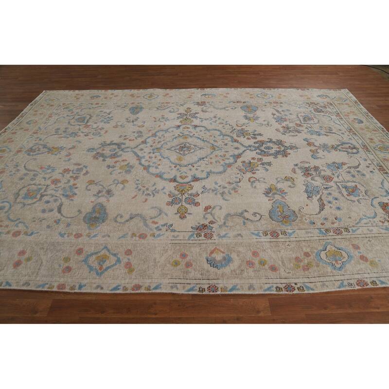 Tabriz Persian Area Rug Beige Floral Handmade Wool Carpet - 7'10"x 11'1"