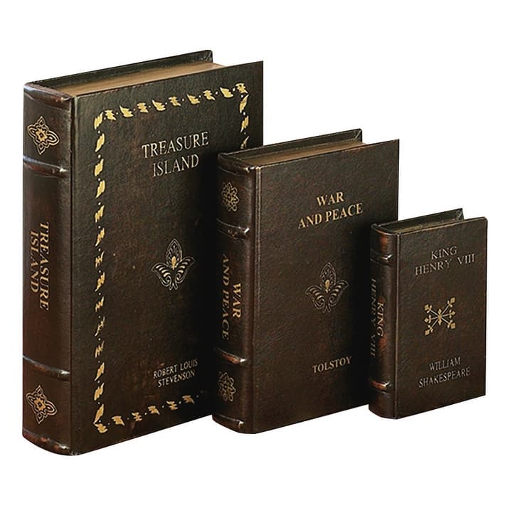 Brown Wooden Vintage Inspired Faux Storage Book Decorative Box with Faux Leather Detailing (Set of 3)