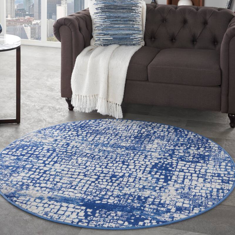 Nourison Whimsicle Modern Geometric Abstract Area Rug - 8' Round - Ivory Navy - Runner/Round