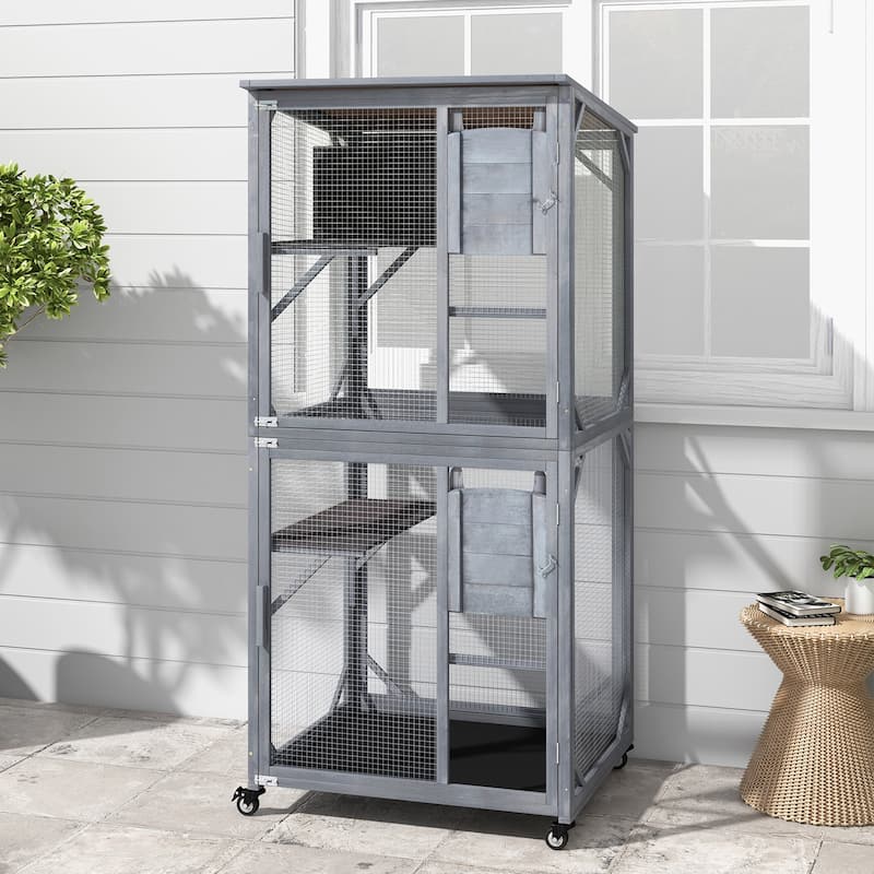 72 Inch TallWooden Cat House with Weatherproof Asphalt Roof-Grey - 31.5” x 27.5” x 72”