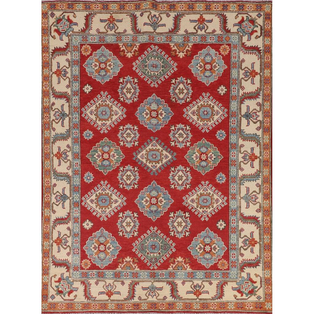 Geometric Red Kazak Oriental Area Rug Handmade Bedroom Wool Carpet - 5'0" x 6'9"