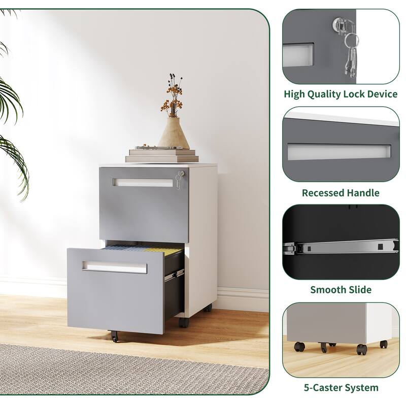 Modern Filing Cabinet 2-Drawer Mobile File Cabinet with Lock and 360° Swivel Wheels, for Office and Home Use, White