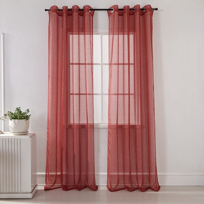 Lonnie Metallic Stripe Sheer Window Curtain Panel 90 inch - Red