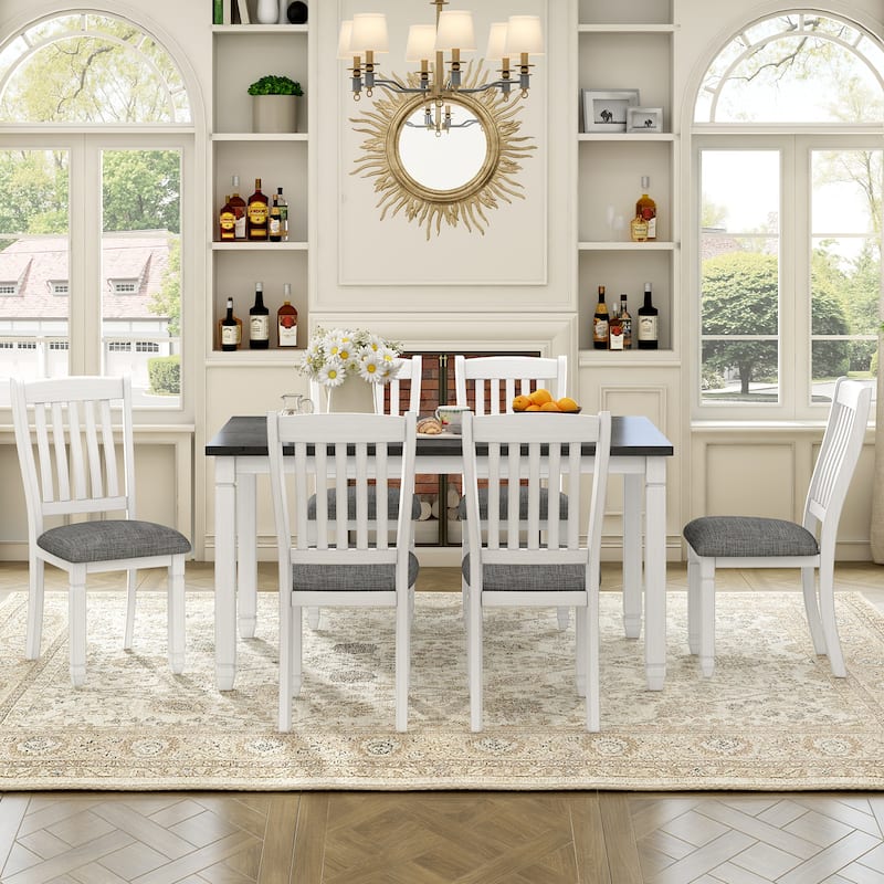 7 Piece Dining Table Set, Wooden Kitchen Furniture Set with Rectangle Table and 6 Upholstered Chairs with Shaped Legs