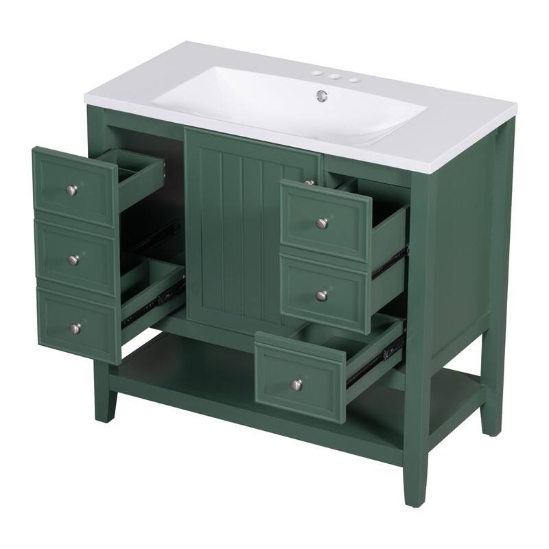 36" Bathroom Vanity with Ceramic Sink，Freestanding Bathroom Vanity Cabinet with 1 Door, 3 Storage Drawers and Adjustable Shelf