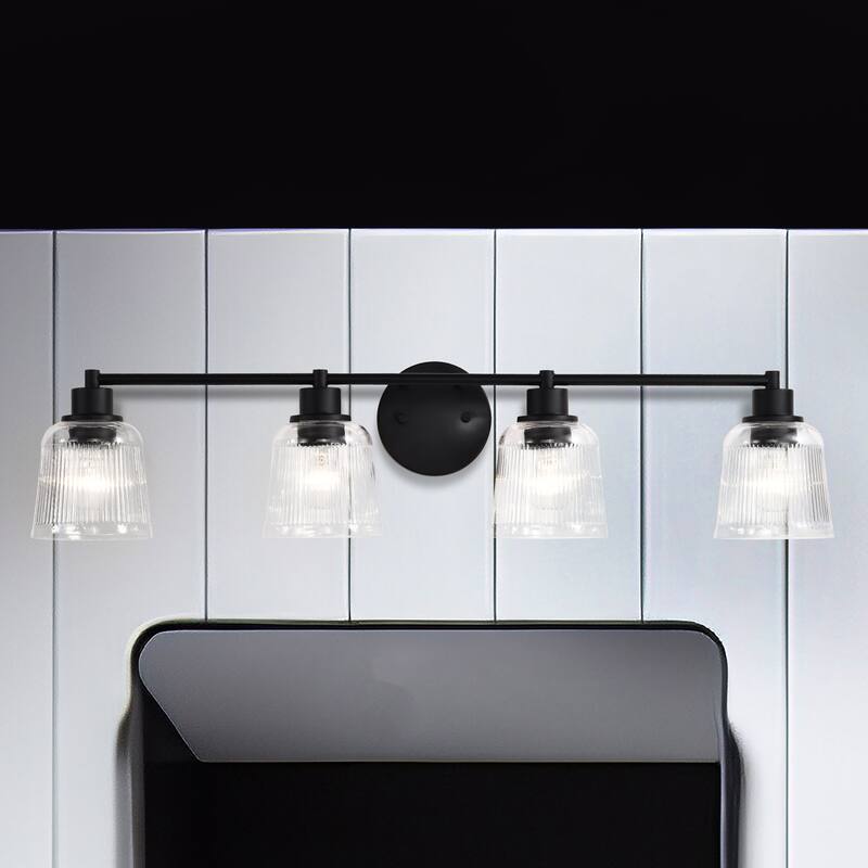 Grayson 4 Light Vanity Matte Black Finish Clear Ribbed Glass - Matte Black