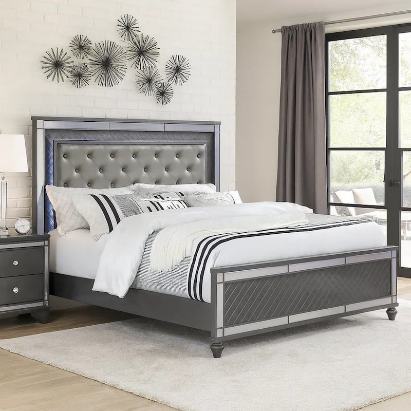 Reff King Size Bed, Button Tufted Gray Fabric Upholstery, Modern Wood Panel