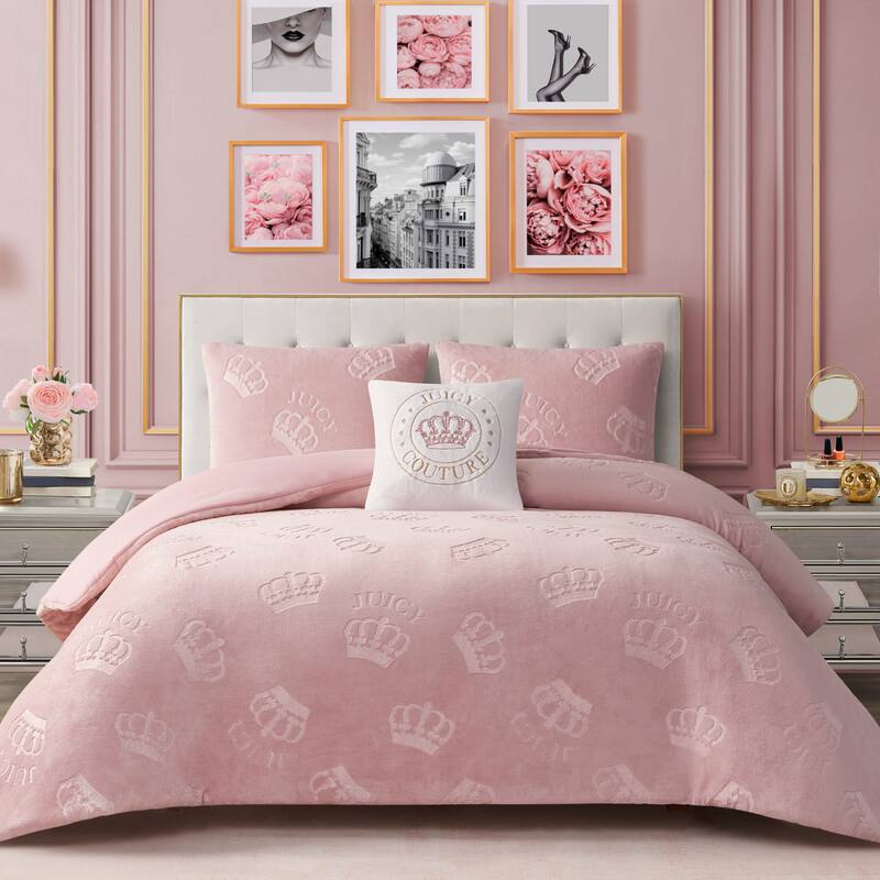 Juicy Couture Embossed Plush Crown Comforter Sets - Queen - Blush