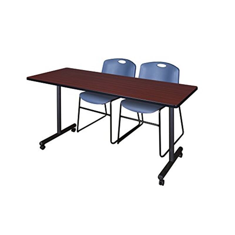 66" x 24" Mobile Training Table- Mahogany & 2 'M' Stack Chairs- Blue