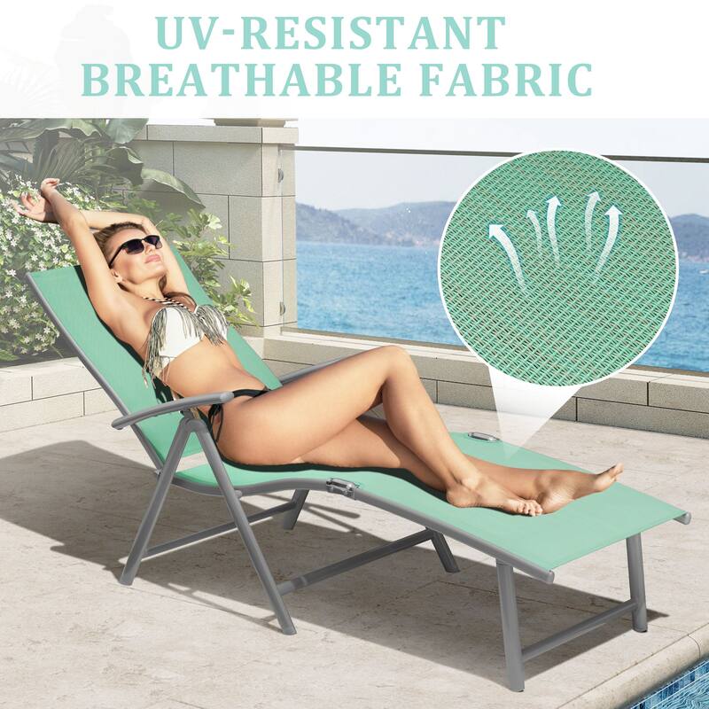 VredHom Outdoor Portable Folding Chaise Lounge Chair with Table (Set of 3) - 70" L x 20" W x 14" H