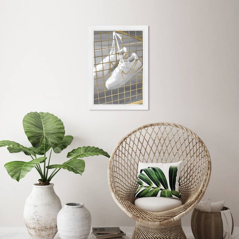 Wynwood Studio Canvas Fashion and Glam Golden Fence Sneakers White and Metallic Gold Modern & Contemporary Wall Art Canvas Print - White