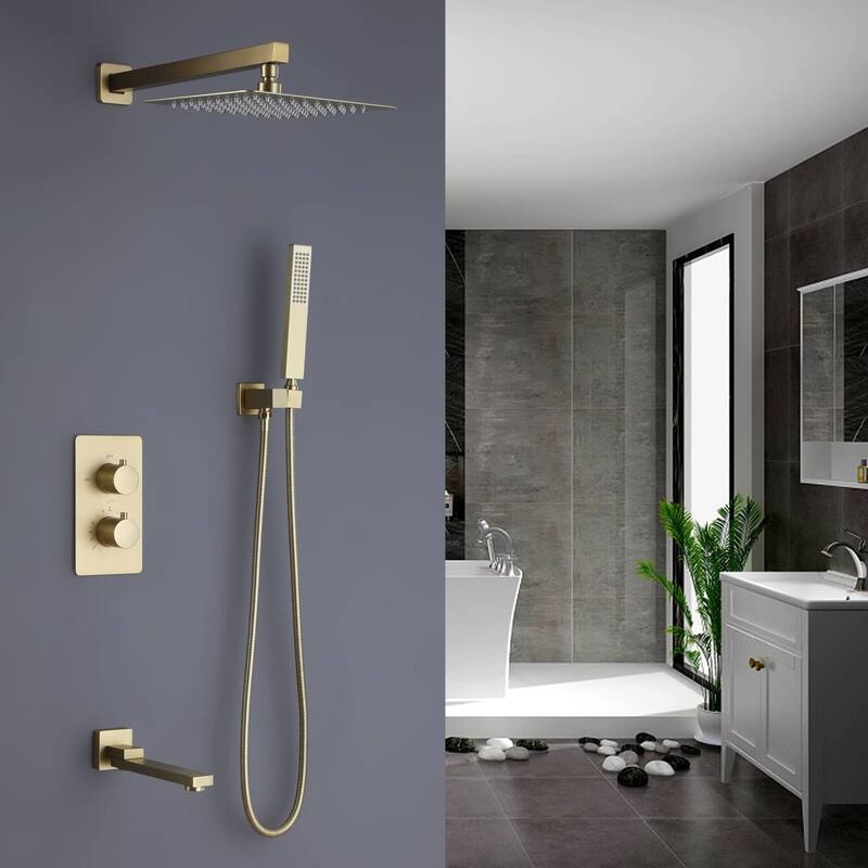 Wall Mount Tub Shower Faucet Set With Pressure Balance Valve 10 Inch Rainfall Head Shower System With Handheld Shower Combo Set - Brushed Gold