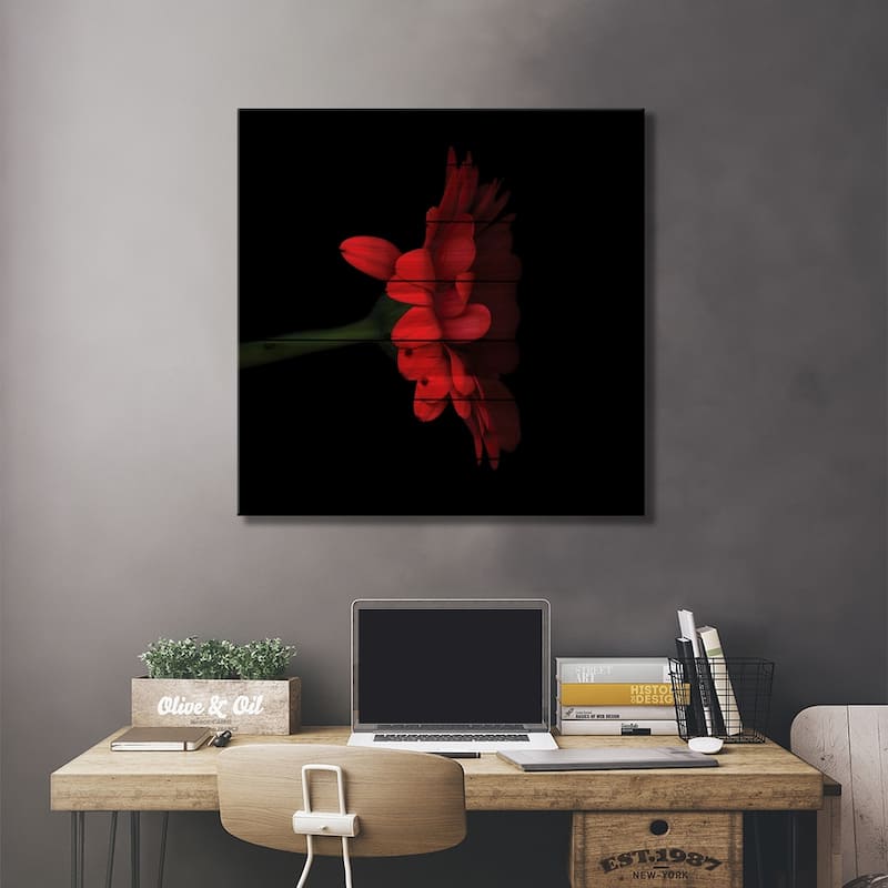 Gerbera Red V Print On Wood by Magda Indigo - Multi-Color