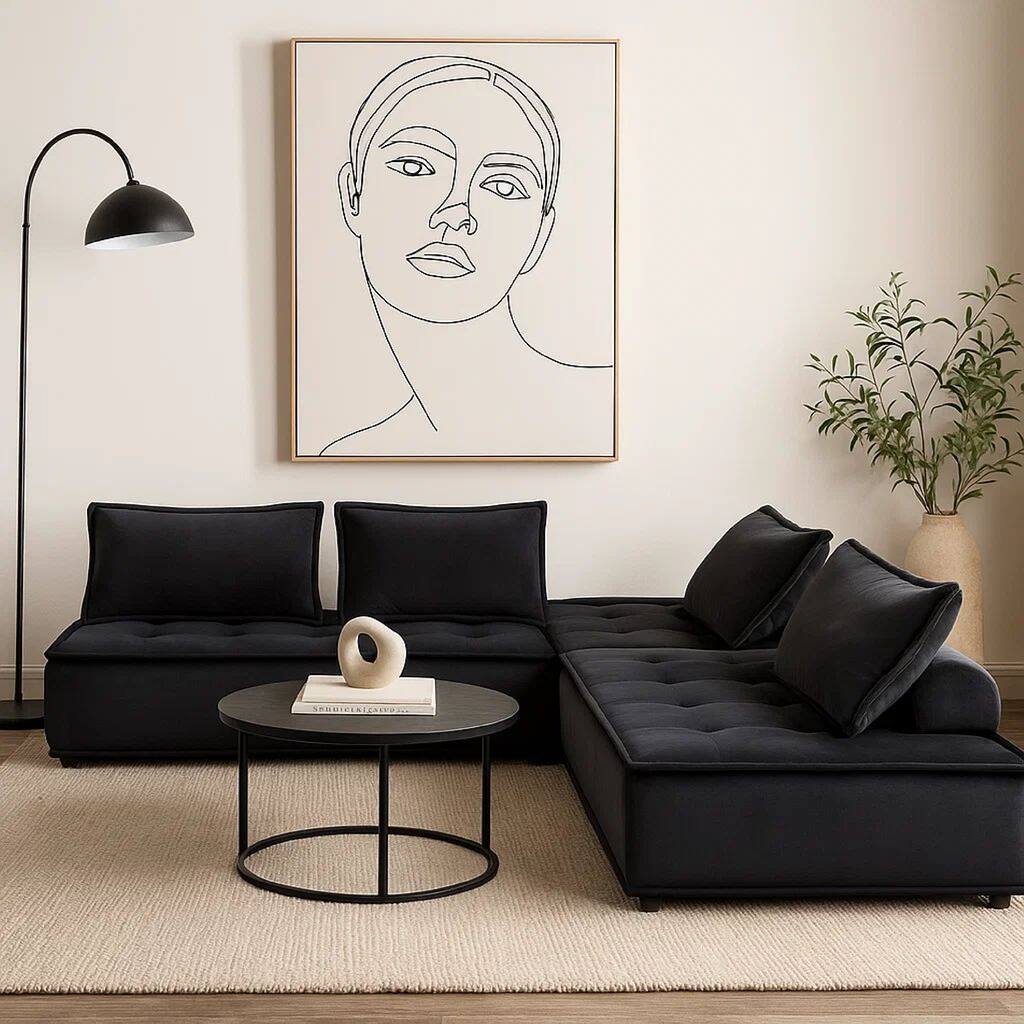 Alaya 5pc Modular Sectional Sofa with 2 Ottomans, Black Velvet Upholstery