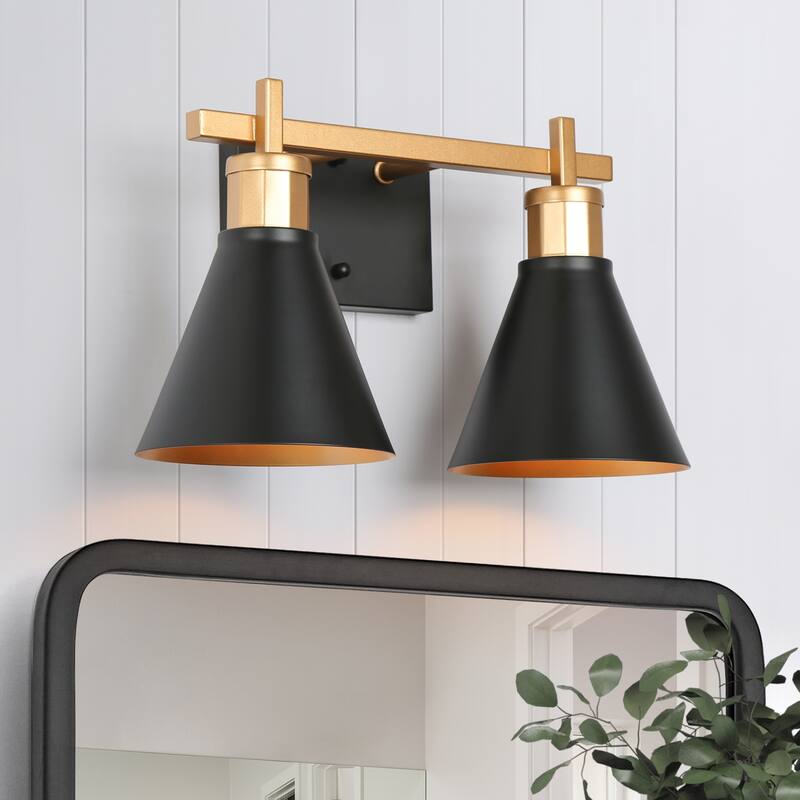 Reuel Modern Black Gold 2-Light Bathroom Vanity Lights Linear Wall Sconces for Powder Room - 14'' L x 7.5'' W x 8.5'' H
