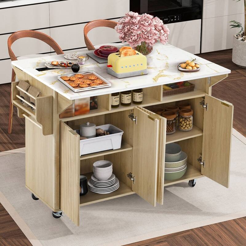 Modern 55.5" Fluted Kitchen Island with Drop Leaf, Kitchen Storage Cart on 5 Wheels with Power Outlet, Spice rack,Curved Edge