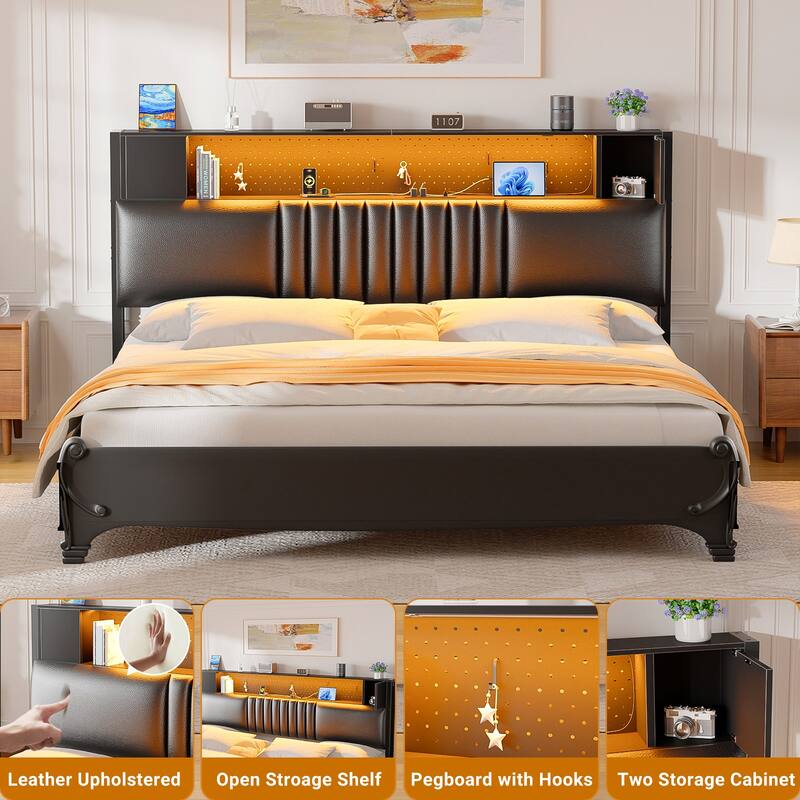 Upholstered Headboard with Storage Shelf and Small Cabinet, Headboard Power Outlet and LED Light