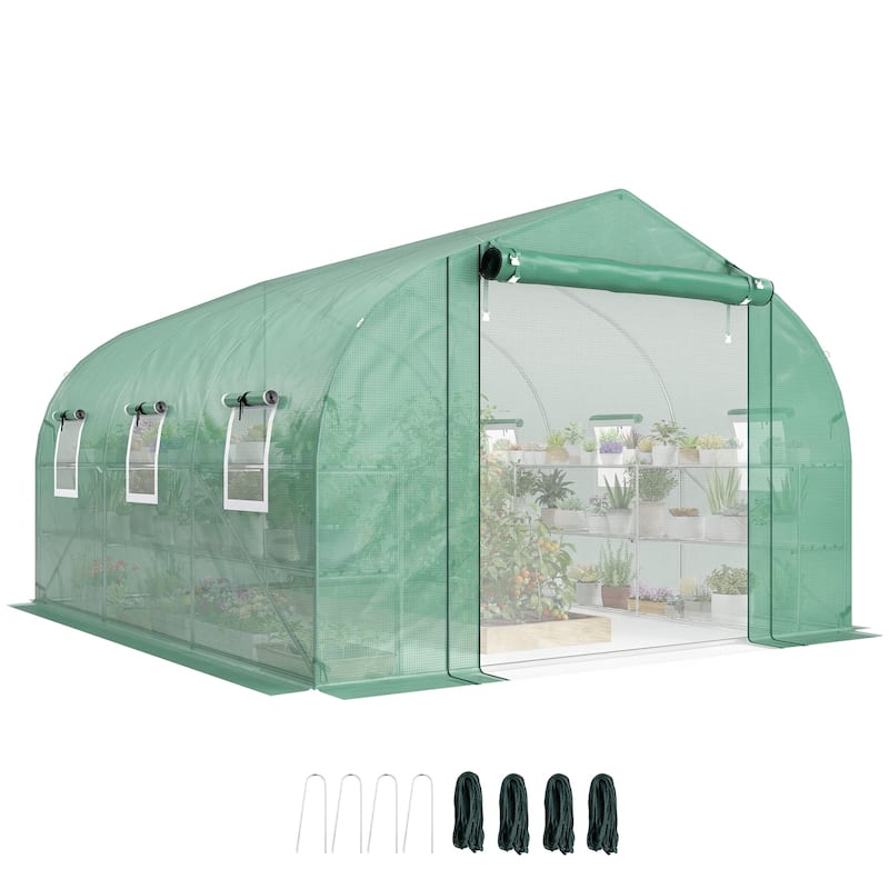 Outsunny 10'x11'x6' Walk-in Tunnel Greenhouse with Shelves, Mesh Door and Windows, Plant Hot House with PE Cover
